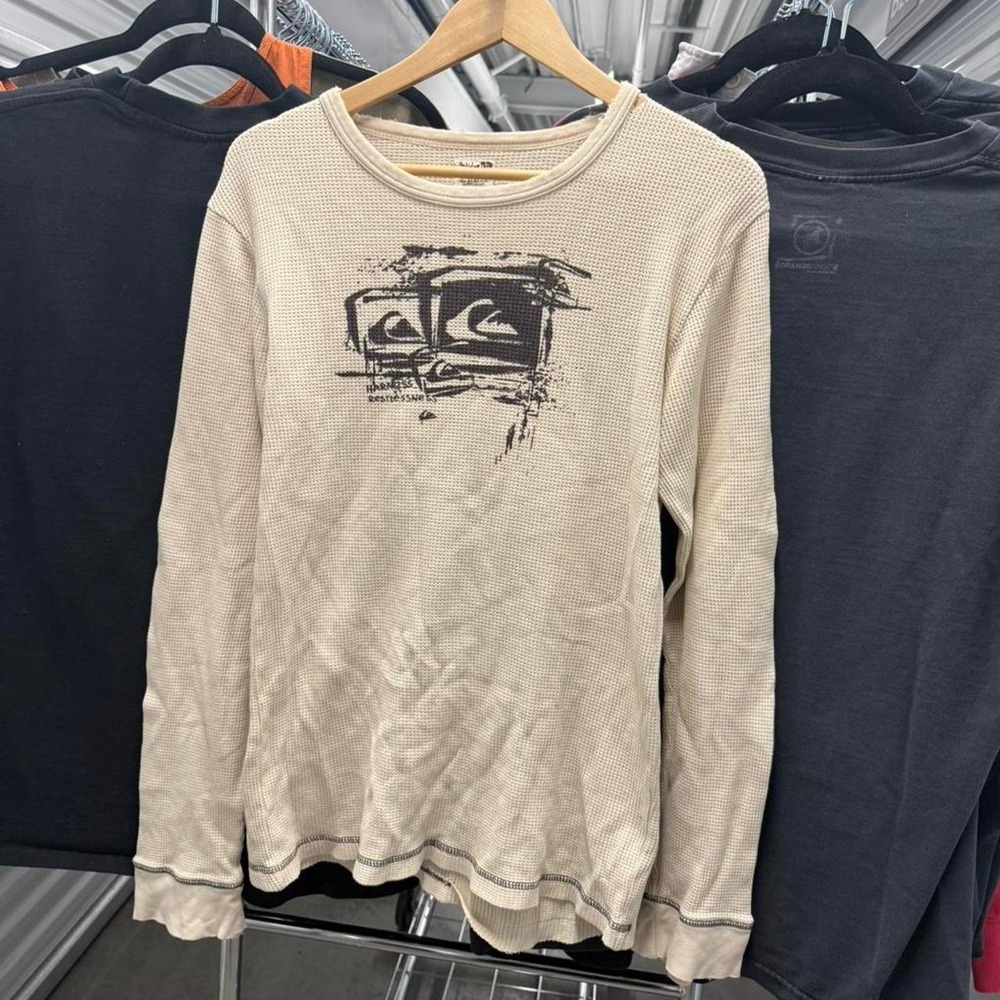 Crazy Vintage 2000's Distressed QuikSilver Surf Thermal Long Sleeve - Picture 2 of 8